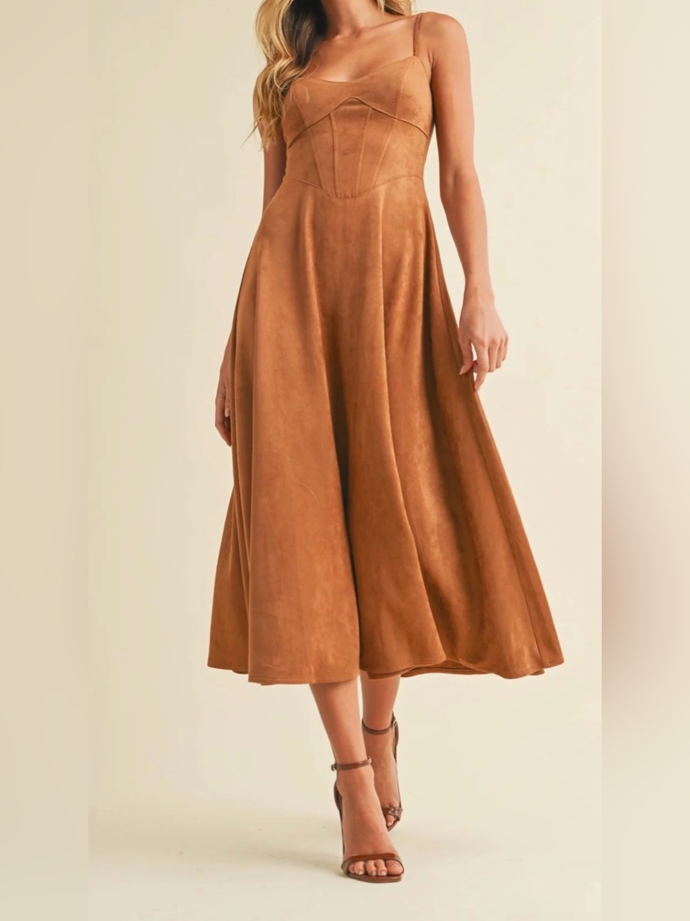 Klesis Emma Suede Corset Midi Dress- Camel, NEW, Size Large - Picture 5 of 10
